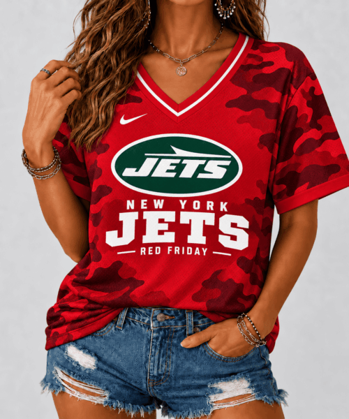 New York Jets NFL Camo Red Friday V-Neck