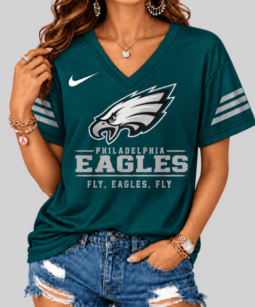 Philadelphia Eagles NFL Sleeve Stripe Wordmark V Neck Tee