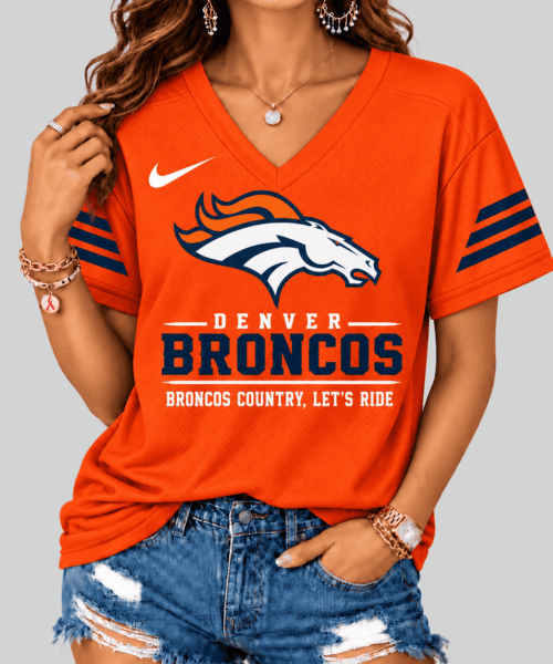 Denver Broncos NFL Sleeve Stripe Wordmark V Neck Tee
