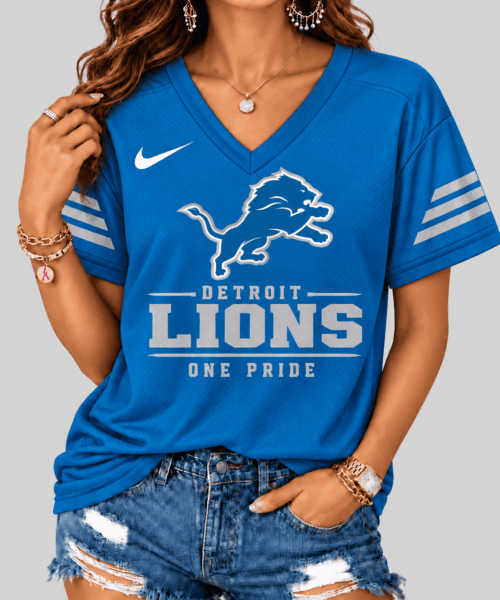 Detroit Lions NFL Sleeve Stripe Wordmark V Neck Tee