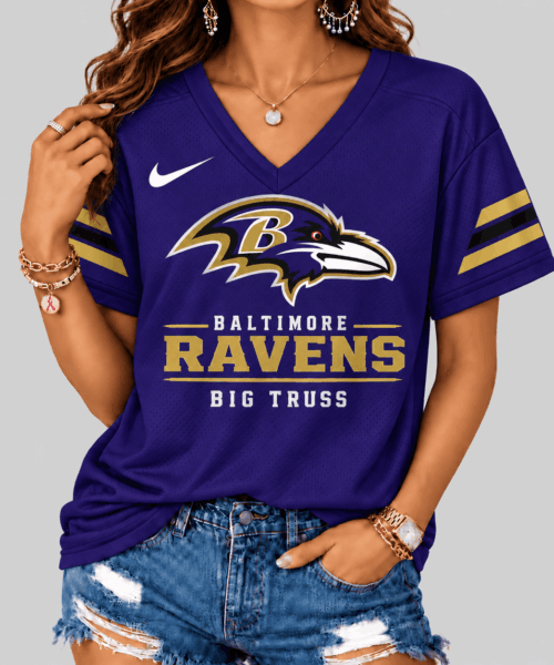Baltimore Ravens NFL Sleeve Stripe Wordmark V Neck Tee