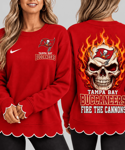 Tampa Bay Buccaneers NFL Flaming Skull Scallop Hem Sweatshirt