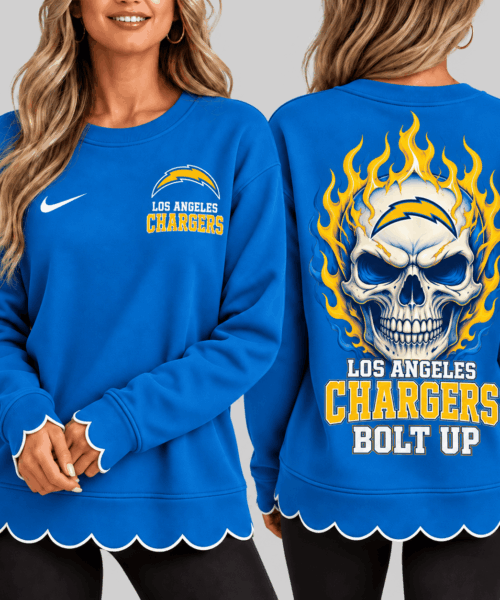 Los Angeles Chargers NFL Flaming Skull Scallop Hem Sweatshirt