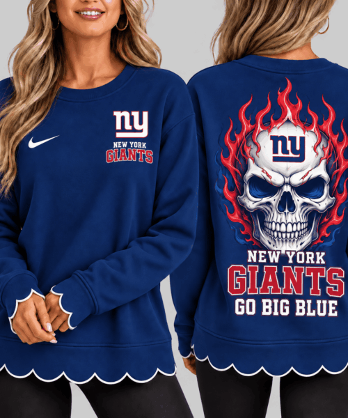 New York Giants NFL Flaming Skull Scallop Hem Sweatshirt