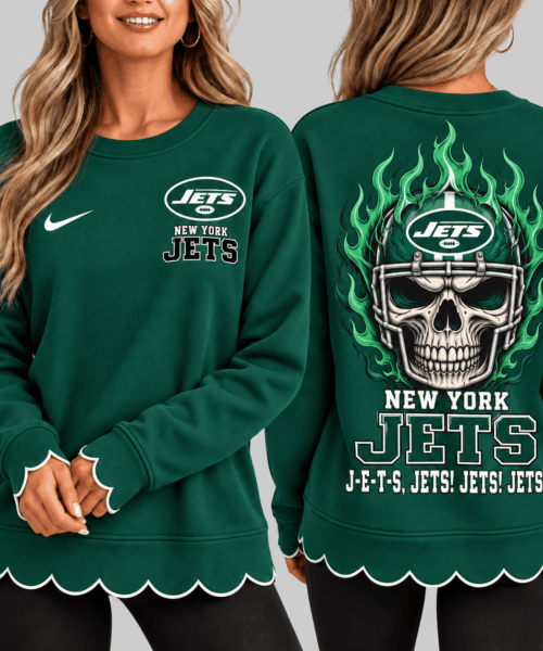 New York Jets NFL Flaming Skull Scallop Hem Sweatshirt