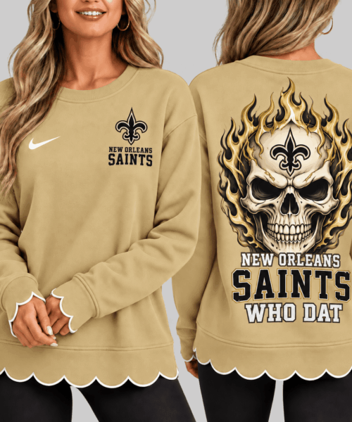 New Orleans Saints NFL Flaming Skull Scallop Hem Sweatshirt