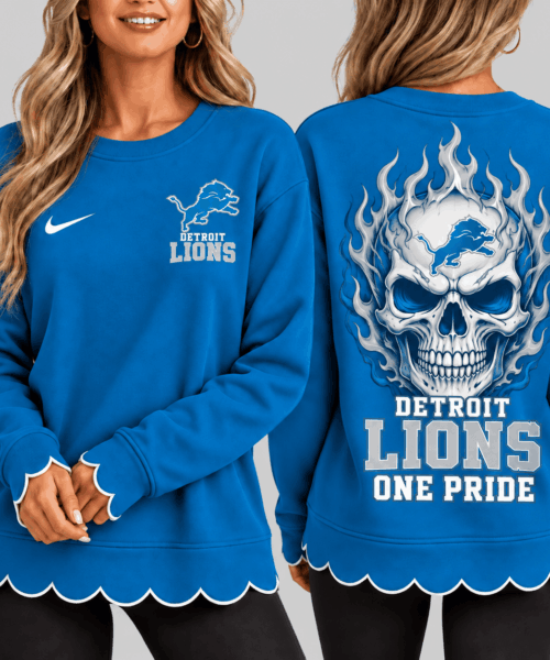 Detroit Lions NFL Flaming Skull Scallop Hem Sweatshirt