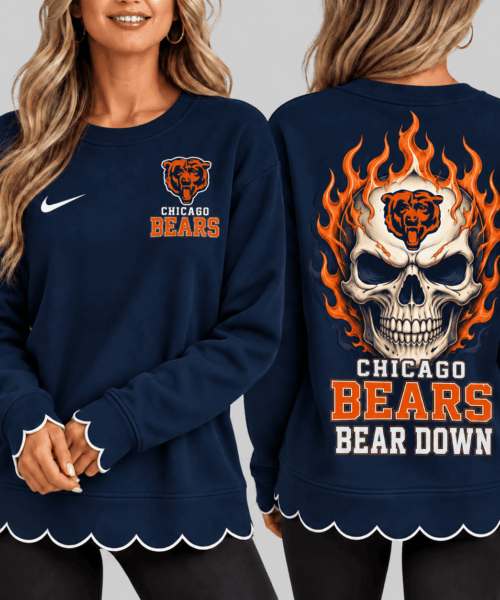 Chicago Bears NFL Flaming Skull Scallop Hem Sweatshirt
