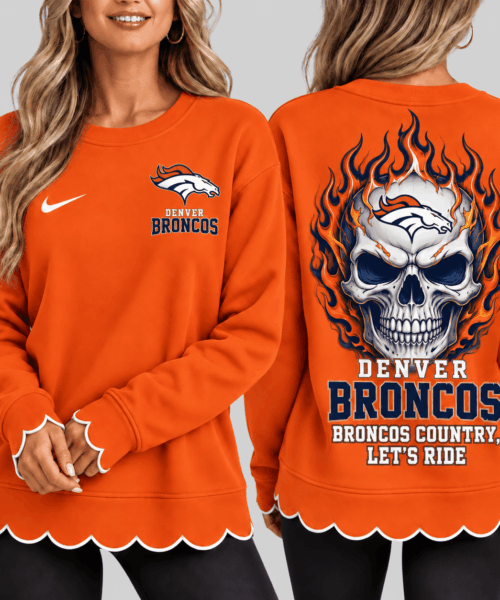 Denver Broncos NFL Flaming Skull Scallop Hem Sweatshirt