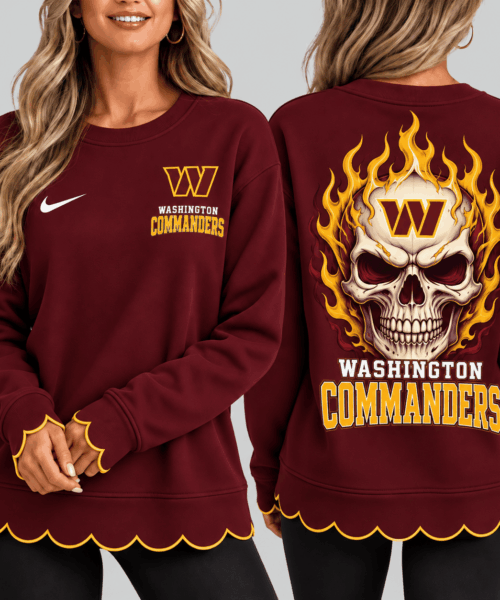 Washington Commanders NFL Flaming Skull Scallop Hem Sweatshirt