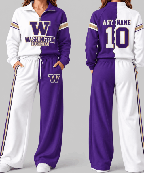 Washington Huskies NCAA Split Color Quarter Zip Wide Leg Set