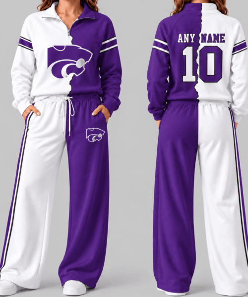 Kansas State Wildcats NCAA Split Color Quarter Zip Wide Leg Set