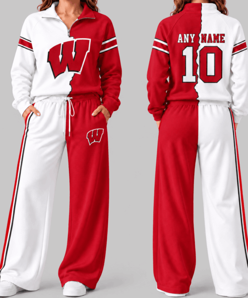 Wisconsin Badgers NCAA Split Color Quarter Zip Wide Leg Set