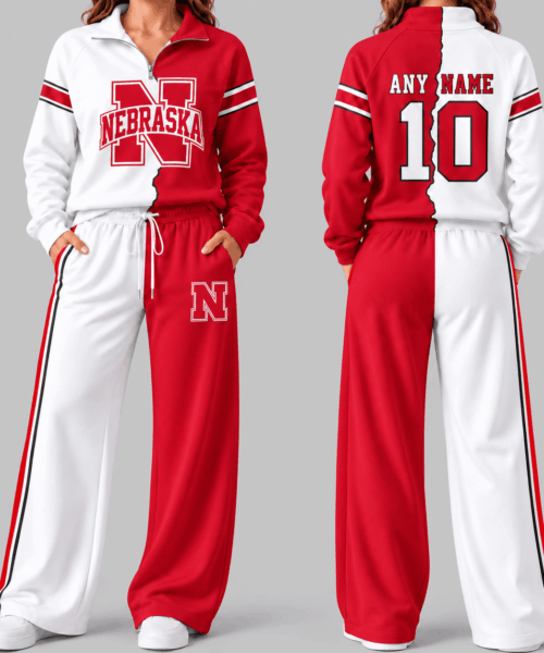 Nebraska Cornhuskers NCAA Split Color Quarter Zip Wide Leg Set