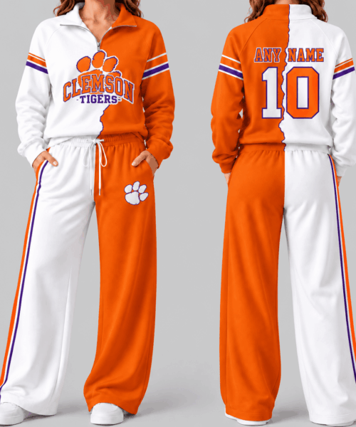 Clemson Tigers NCAA Split Color Quarter Zip Wide Leg Set