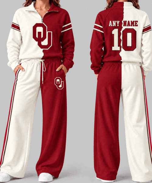 Oklahoma Sooners NCAA Split Color Quarter Zip Wide Leg Set