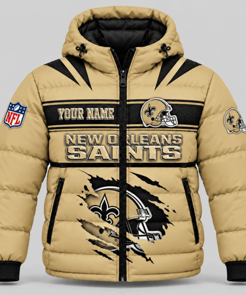New Orleans Saints NFL Torn Logo Hooded Puffer Jacket