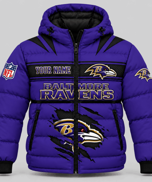 Baltimore Ravens NFL Torn Logo Hooded Puffer Jacket