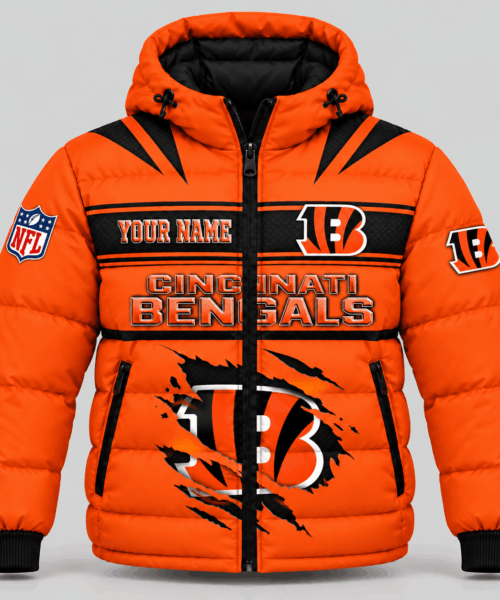 Cincinnati Bengals NFL Torn Logo Hooded Puffer Jacket
