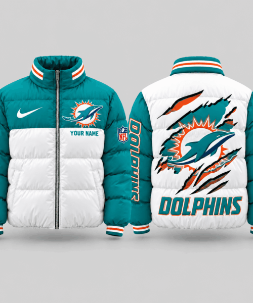 Miami Dolphins NFL Torn Logo Color Block Puffer Jacket