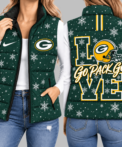 Green Bay Packers NFL Snowflake Love Puffer Vest