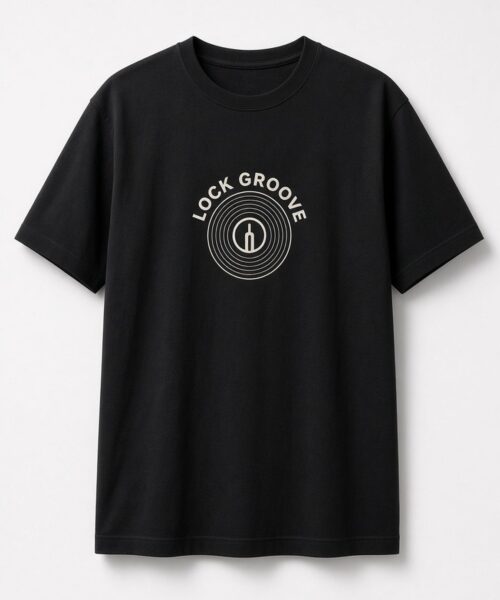 Lock Groove Vinyl Record unisex t-shirt in black with concentric record grooves with a stylus