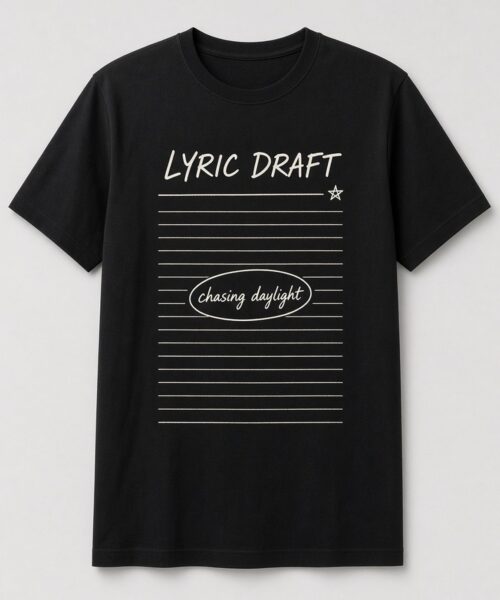 Lyric Draft Songwriter Notebook unisex t-shirt in black with lined notebook page with a circled lyric