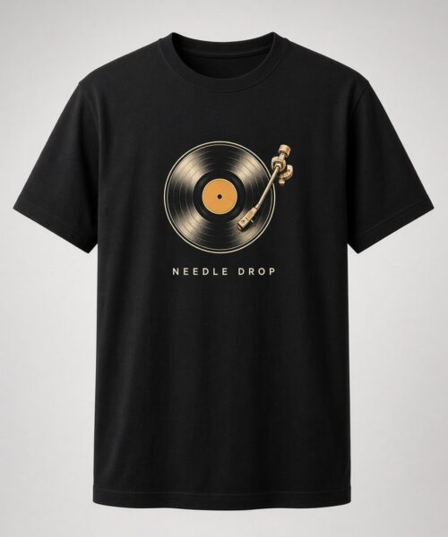 Needle Drop Vinyl Record unisex t-shirt in black with vinyl record with orange label and gold tonearm