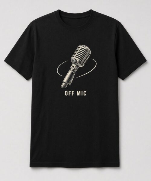 Off Mic Vintage Microphone unisex t-shirt in black with tilted vintage microphone with an orbit line