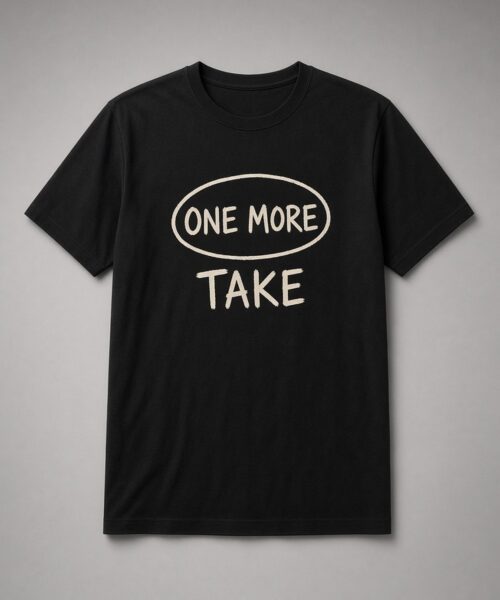 One More Take Recording Studio unisex t-shirt in black with hand-drawn oval and distressed lettering