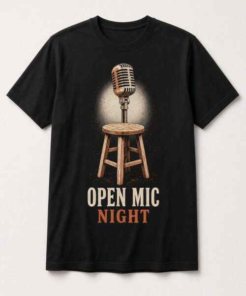 Open Mic Night Vintage Microphone unisex t-shirt in black with vintage microphone on a wooden stool in a spotlight