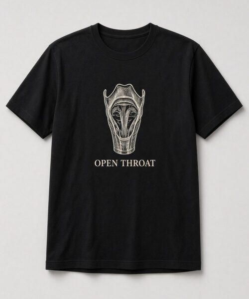 Open Throat Vocal Anatomy unisex t-shirt in black with vintage anatomical larynx engraving