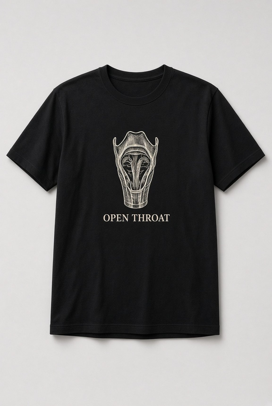 Open Throat Vocal Anatomy unisex t-shirt in black with vintage anatomical larynx engraving